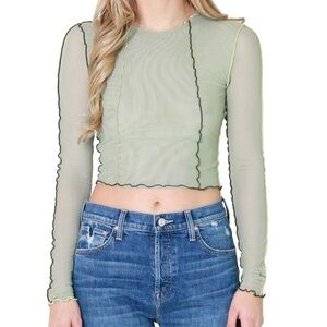 Green, sheer top with lettuce trim detailing